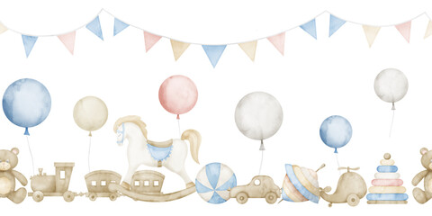 Baby Toys Border. Watercolor seamless Pattern for Wallpaper. Hand drawn Childish frame with rocking horse and teddy in pastel blue colors. Illustration with balloon and garlands for newborn shower. © Alisles