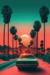 Colourful Retro Route 66 Travel Poster in Synthwave 80s Style. Classic Vintage Car and the Sunset in Background Wallpaper - Generative AI Illustration