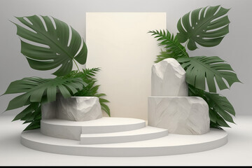 Product display podium for natural product. Empty scene with tropical leaves. Generative ai