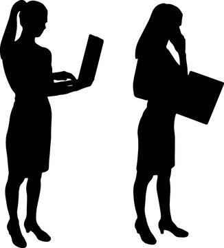 Business woman or worker is working with a laptop in her hands, standing. Business concept