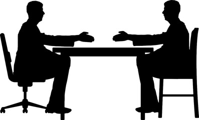Silhouette of two men sitting at a table and stretching out their hands for a handshake. Business Concept hiring process.