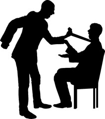 Silhouette of an angry male boss holding the tie of a frightened employee sitting on a chair. Business concept of bullying
