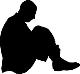 Lonely sad man sits on the floor with his legs tucked in, he experiences depression, stress and sadness. Concept of depression, stress