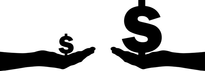 Silhouette of two hands, one holding a large sign Dolar having a large income, the other small