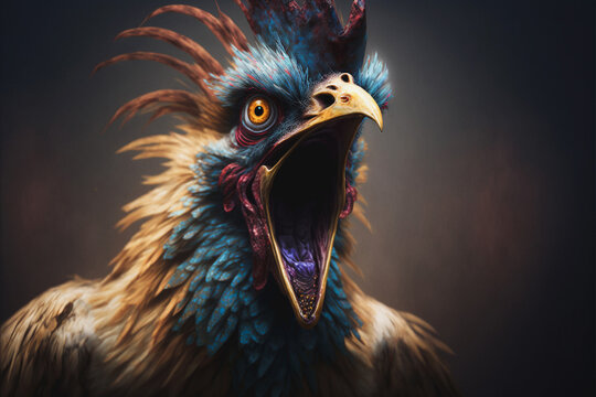 Violent and scary. Crazy looking rooster chicken with ruffled feathers screaming loud. 