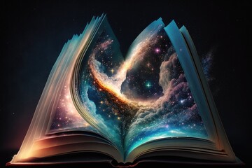 Open old book merged with magic galaxy sky, universe, stars. Concept of literature, fantasy, horoscope, religion etc. Generative AI