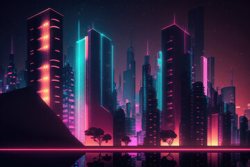 3D Rendering of neon mega city with light reflection from puddles on street heading toward buildings. Concept for night life, (CBD)Cyber punk theme, tech background (ai generated)