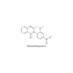 Nitromethaqualone flat skeletal molecular structure Quinazolinone sedative drug used in insomnia, muscle relaxation treatment. Vector illustration.