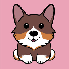 Kawaii cartoon vector logo of cute funny brown corgi dog puppy sitting and looking at camera isolated on pink background. Simple flat icon graphic illustration.