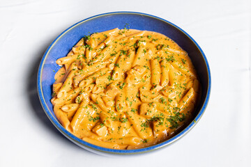 macaroni cheese and salmon served on blue plate on a white table