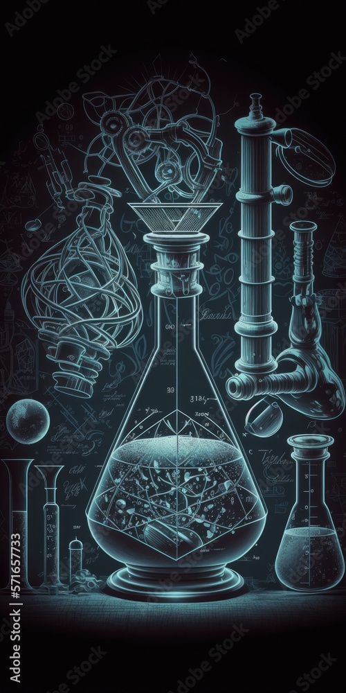 Sticker background in science and medicine. glassware, a microscope, and a formula for the lab. Generative AI