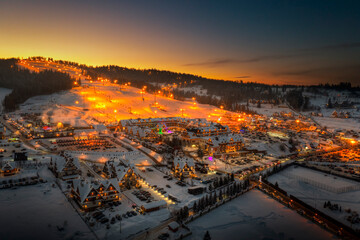 Aerial view of ski resort in the evening. Bialka Tatrzanska, Poland.