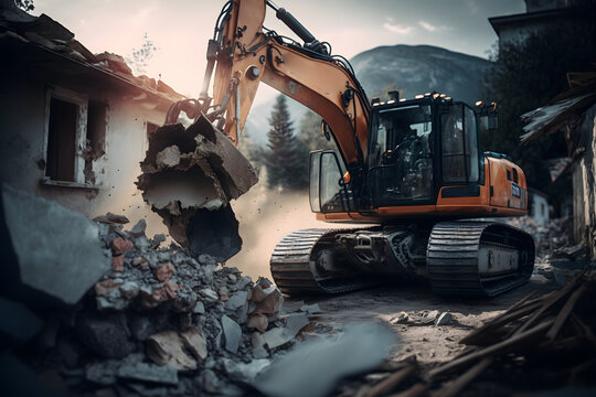 Destroy after Earthquake, Rescue service excavator clears rubble of house after natural disaster. Generation AI