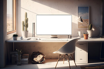 Mock up white blank frame screen in workspace interior with Home decoration. Cozy coastal stylish, furniture, Modern design background with Generative AI.