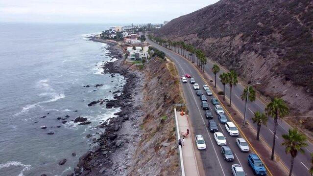 main street of ensenada entering the city aerial shot