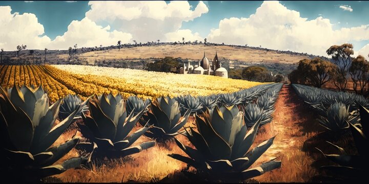 Beautiful Agave fields in the city Arandas Jalisco. Generative AI