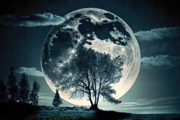 Printed roller blinds Full moon and trees nocturnal sky with a full moon. Generative AI