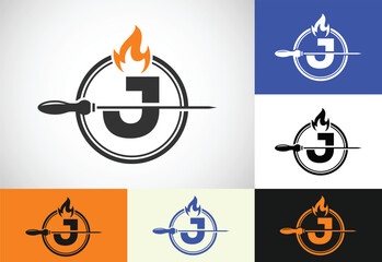 Initial J letter alphabet with a skewer and fire flame. Logo design for Barbecue, Seekh Kebab, etc.