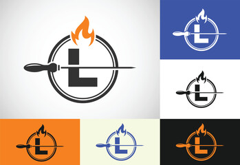 Initial L letter alphabet with a skewer and fire flame. Logo design for Barbecue, Seekh Kebab, etc.