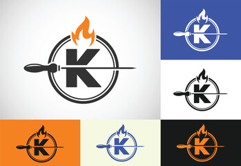 Initial K letter alphabet with a skewer and fire flame. Logo design for Barbecue, Seekh Kebab, etc.