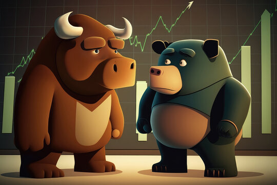 Bull and bear cartoon character, concept of stock market, exchange, business or financial technology, Generative AI
