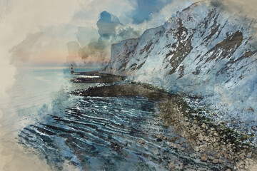 Epic vibrant Summer dawn landscape image of Beachy Head Lighthouse in South Downs National Park in England