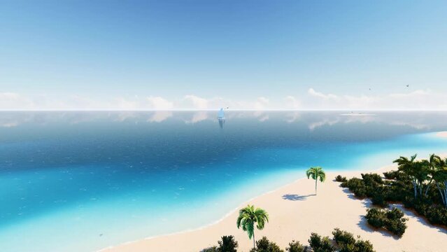 4K Ultra HD. Blue ocean sand beach nature tropical palms Island. Hotel beach. 3d animation. Small wild beach chairs. landscape Island. Palms turquoise sea background Atlantic ocean.  