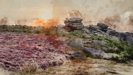 Beautiful late Summer sunrise in Peak District over fields of heather in full bloom around Higger Tor and Burbage Edge © veneratio