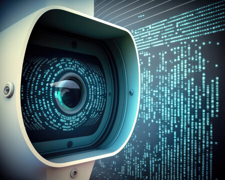 Security Camera. Concert of computer safety, total surveillance, spying. Generative AI.