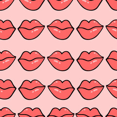 Hand drawn vector female lips seamless vector pattern. Highlight lips in doodle style.