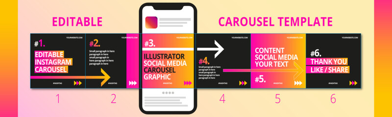 Carousel template post on social media with cellphone / mobile phone. Editable mockup © Lee
