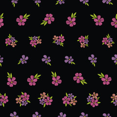 Fototapeta na wymiar seamless repeat pattern with beautiful colorful flowers on a black background perfect for fabric, scrap booking, wallpaper, gift wrap projects