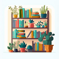 a bookshelf of a house interior filled with books and plants of different sizes, generative ai illustration