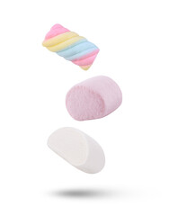 Colorful marshmallows candy falling in the air isolated on transparent background. PNG