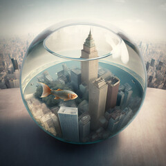a portion of houses and buildings inside a bowl, isolated , pollution theme concept, generative ai illustration