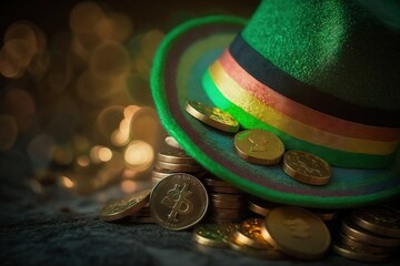 St. Patrick's Day: Green leprechaun hat on the heap of golden coins. With blurred green background. AI