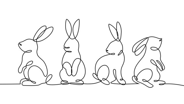Continuous drawing line art of Easter rabbits. Hand drawn one line