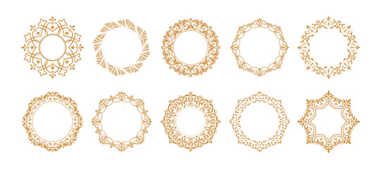 Set of decorative frames Elegant vector element for design in Eastern style, place for text. Floral gold and white borders. Lace illustration for invitations and greeting cards