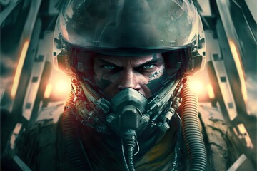 an epic close up of a jet fighter pilot wearing a gas mask, digital art