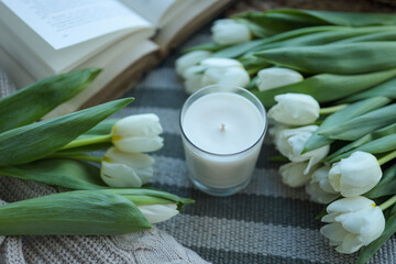 Obraz na płótnie Canvas Candle, tulips and open book in home interior