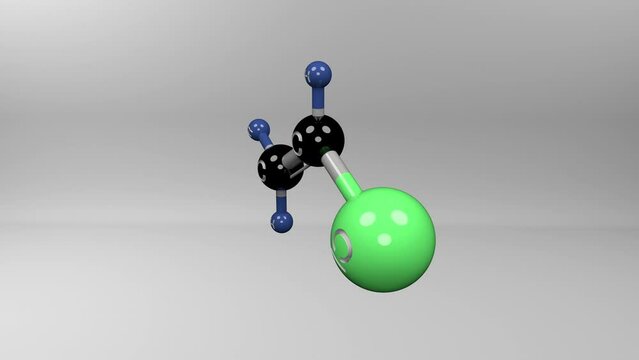 Vinyl chloride molecule. Molecular structure of chloroethylene, highly flammable and toxic gas used to make plastics and known as human carcinogen.