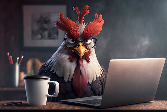 Angry rooster company boss working with laptop in office. Generative AI