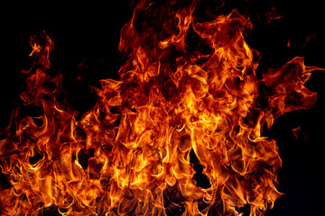 Fire flame isolate on black background. Burn flames, abstract texture. Art design for fire pattern, flame texture.