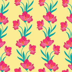 Pink hibiscus flower hand drawn seamless pattern. A beautiful spring plant with delicate petals.