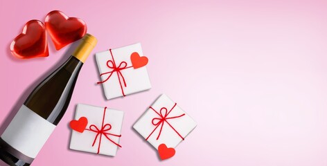 Tasty wine and gift. Valentine's Day concept