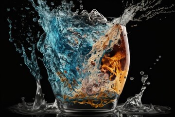 Ice falls into water in a glass with a splash, closeup. Generative AI