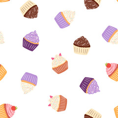 Seamless pattern with delicious cupcake in cartoon style. Vector background with sweets, dessert, pastries