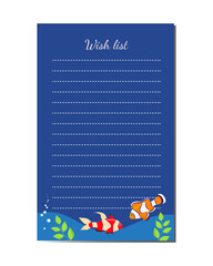 Wish list marine design with exotic fish. Printable organizer page template. Diary page vector template.