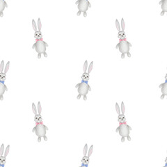 Watercolor seamless pattern. Hand painted illustration of grey bunny, hare with pink and blue bows. Cute cartoon rabbit toy. Print on white background for children fabric textile, wallpaper, packaging