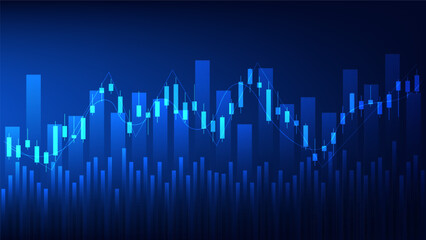 Financial business statistics with bar graph and candlestick chart show stock market price and effective earning on blue background